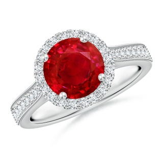 8mm AAA Round Ruby Reverse Tapered Shank Halo Engagement Ring in P950 Platinum
