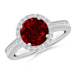 8mm AAAA Round Ruby Reverse Tapered Shank Halo Engagement Ring in P950 Platinum