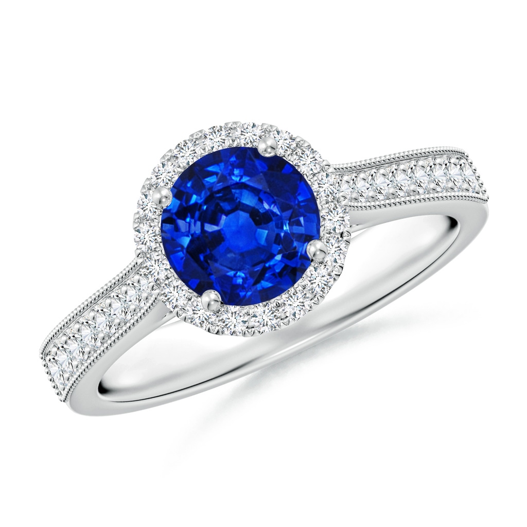 6.5mm Lab-Grown Round Blue Sapphire Reverse Tapered Shank Halo Engagement Ring in White Gold