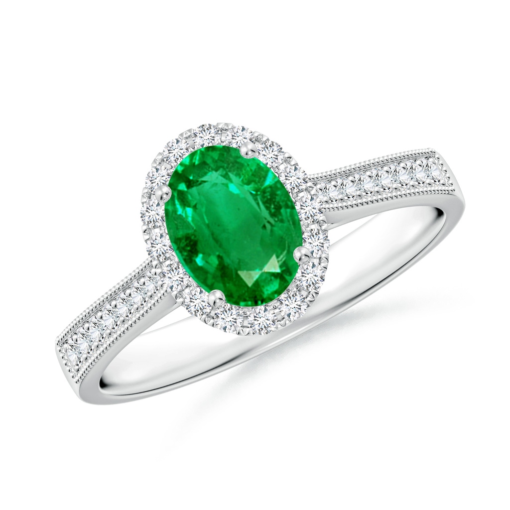 7x5mm AAA Oval Emerald Reverse Tapered Shank Halo Engagement Ring in P950 Platinum