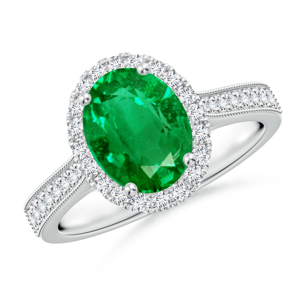 9x7mm AAA Oval Emerald Reverse Tapered Shank Halo Engagement Ring in White Gold
