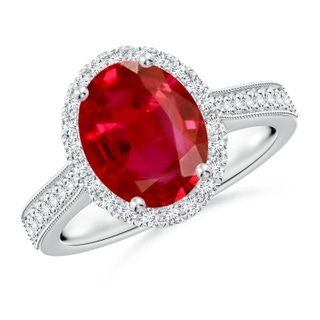 10x8mm AAA Oval Ruby Reverse Tapered Shank Halo Engagement Ring in P950 Platinum