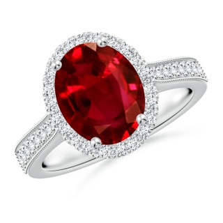 10x8mm AAAA Oval Ruby Reverse Tapered Shank Halo Engagement Ring in P950 Platinum