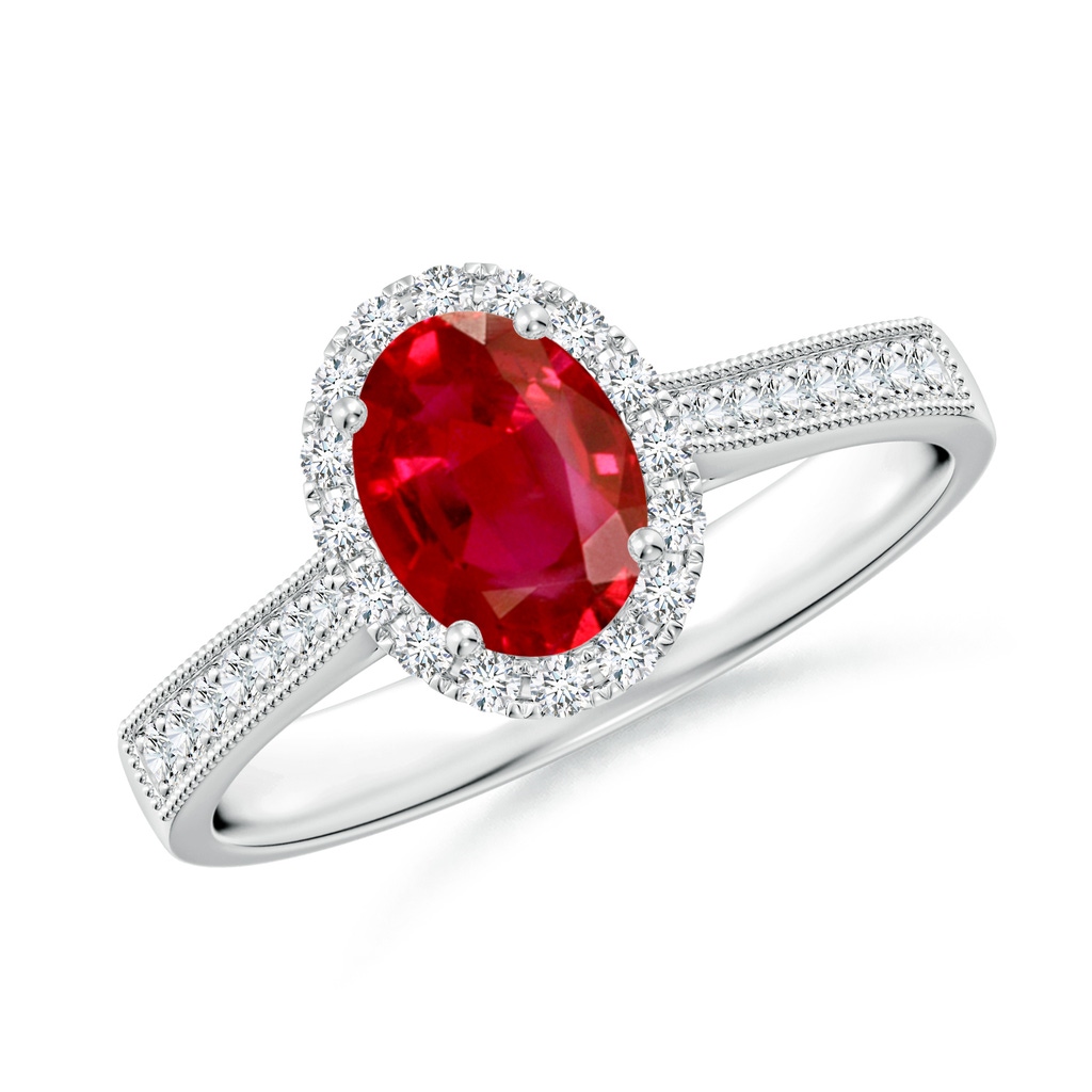 7x5mm AAA Oval Ruby Reverse Tapered Shank Halo Engagement Ring in White Gold