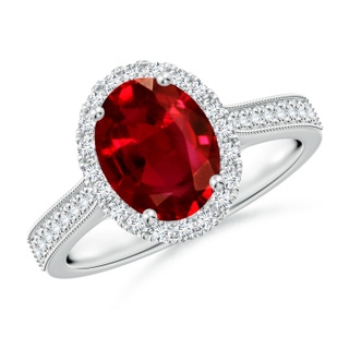 9x7mm AAAA Oval Ruby Reverse Tapered Shank Halo Engagement Ring in P950 Platinum