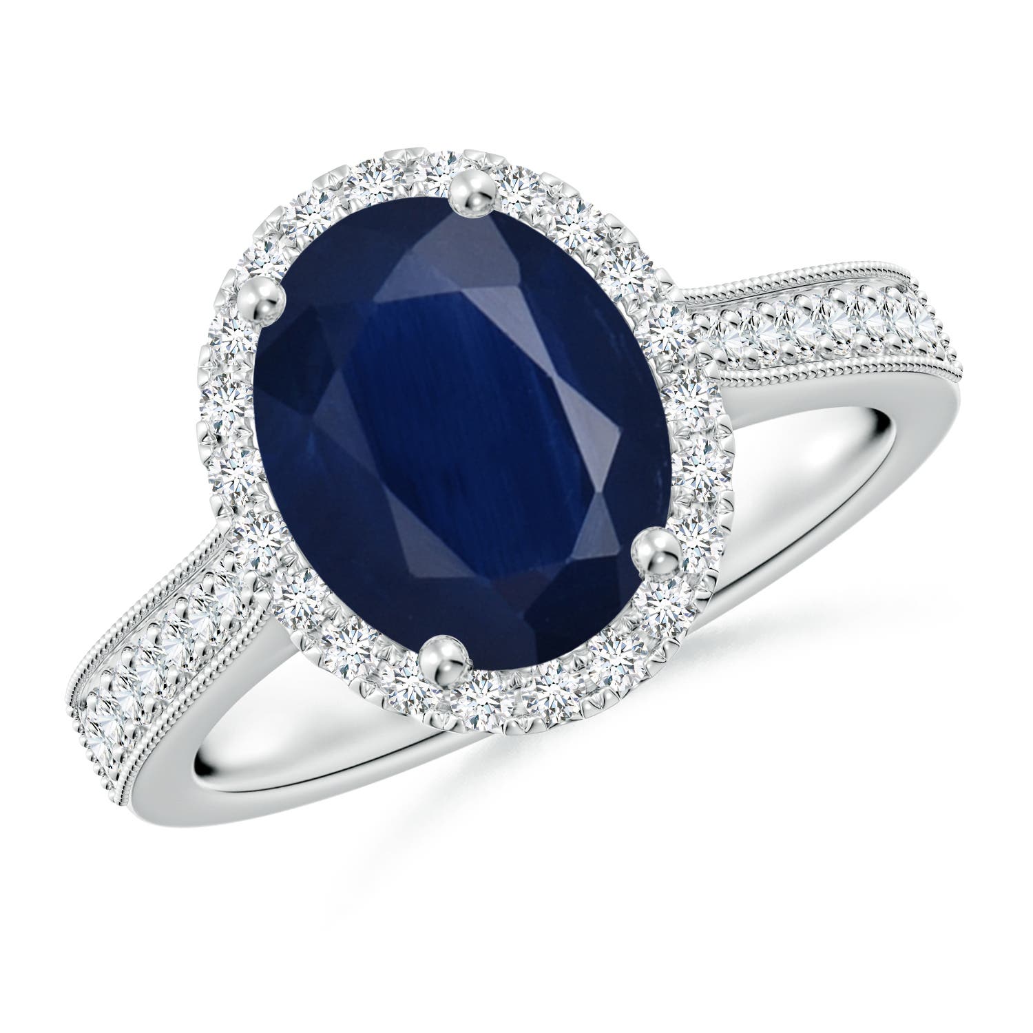 10x8mm A Oval Blue Sapphire Reverse Tapered Shank Halo Engagement Ring in P950 Platinum