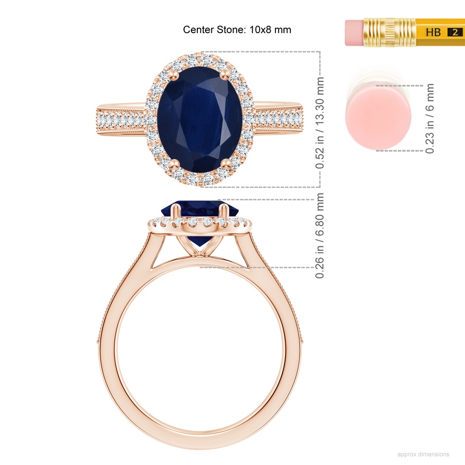 10x8mm A Oval Blue Sapphire Reverse Tapered Shank Halo Engagement Ring in Rose Gold ruler