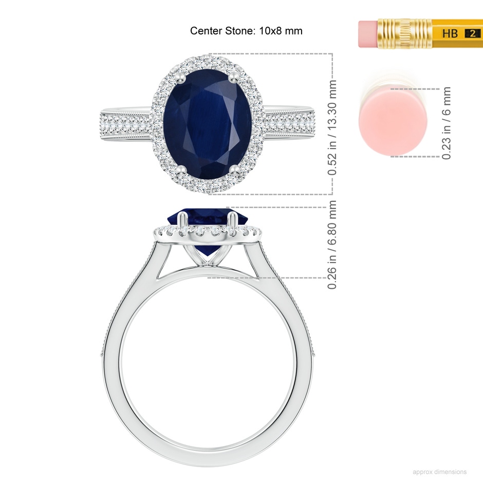 10x8mm A Oval Blue Sapphire Reverse Tapered Shank Halo Engagement Ring in White Gold ruler