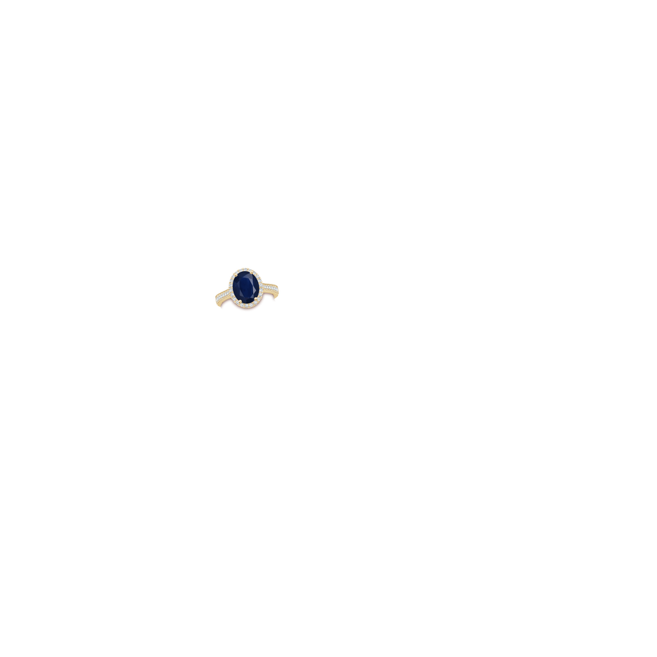 10x8mm A Oval Blue Sapphire Reverse Tapered Shank Halo Engagement Ring in Yellow Gold hand