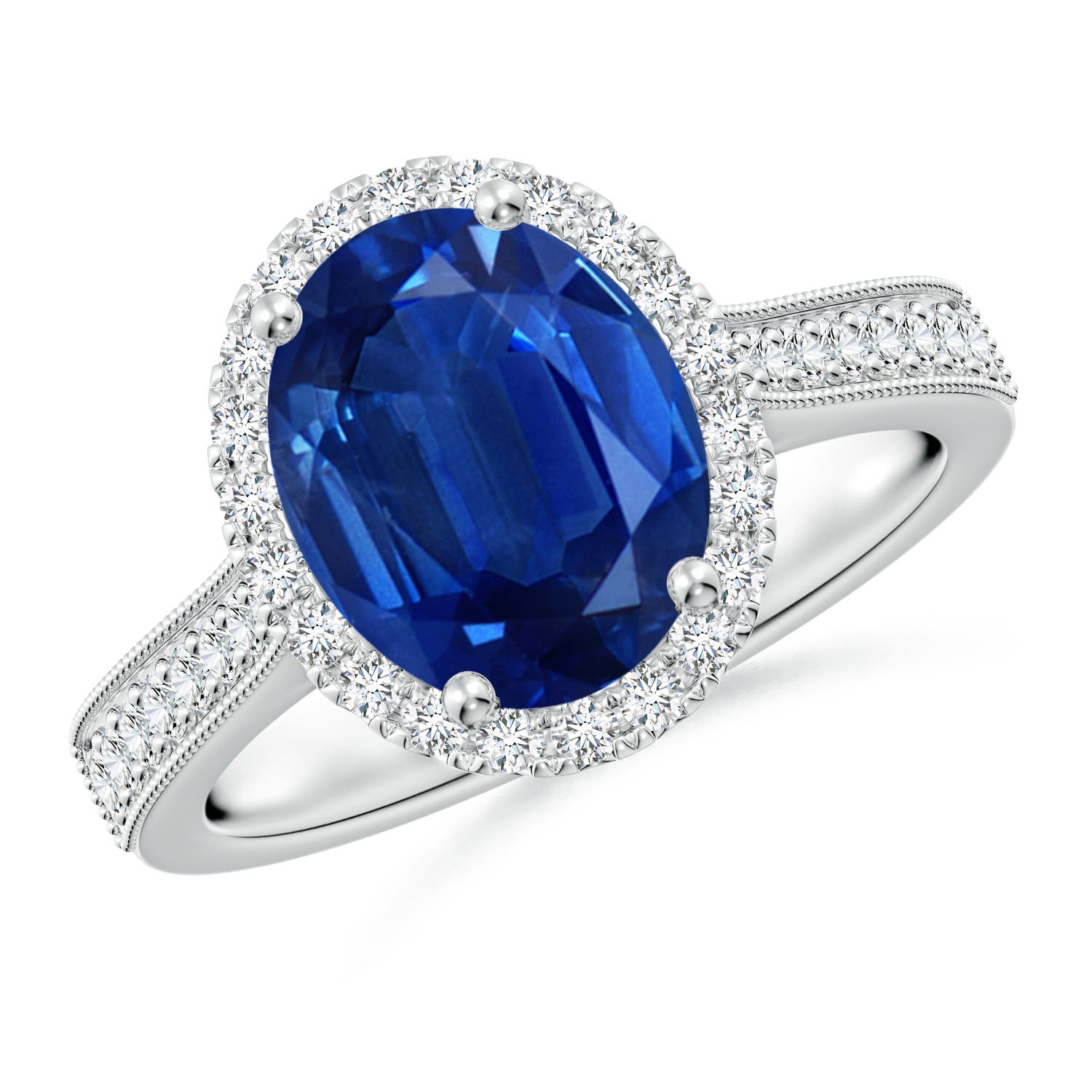 10x8mm AAA Oval Blue Sapphire Reverse Tapered Shank Halo Engagement Ring in 18K White Gold