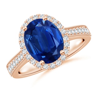 10x8mm AAA Oval Blue Sapphire Reverse Tapered Shank Halo Engagement Ring in Rose Gold