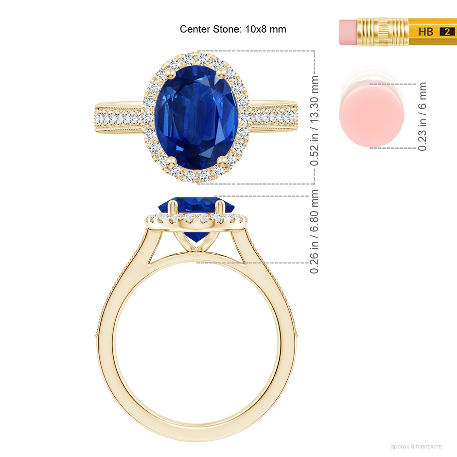 10x8mm AAA Oval Blue Sapphire Reverse Tapered Shank Halo Engagement Ring in Yellow Gold ruler