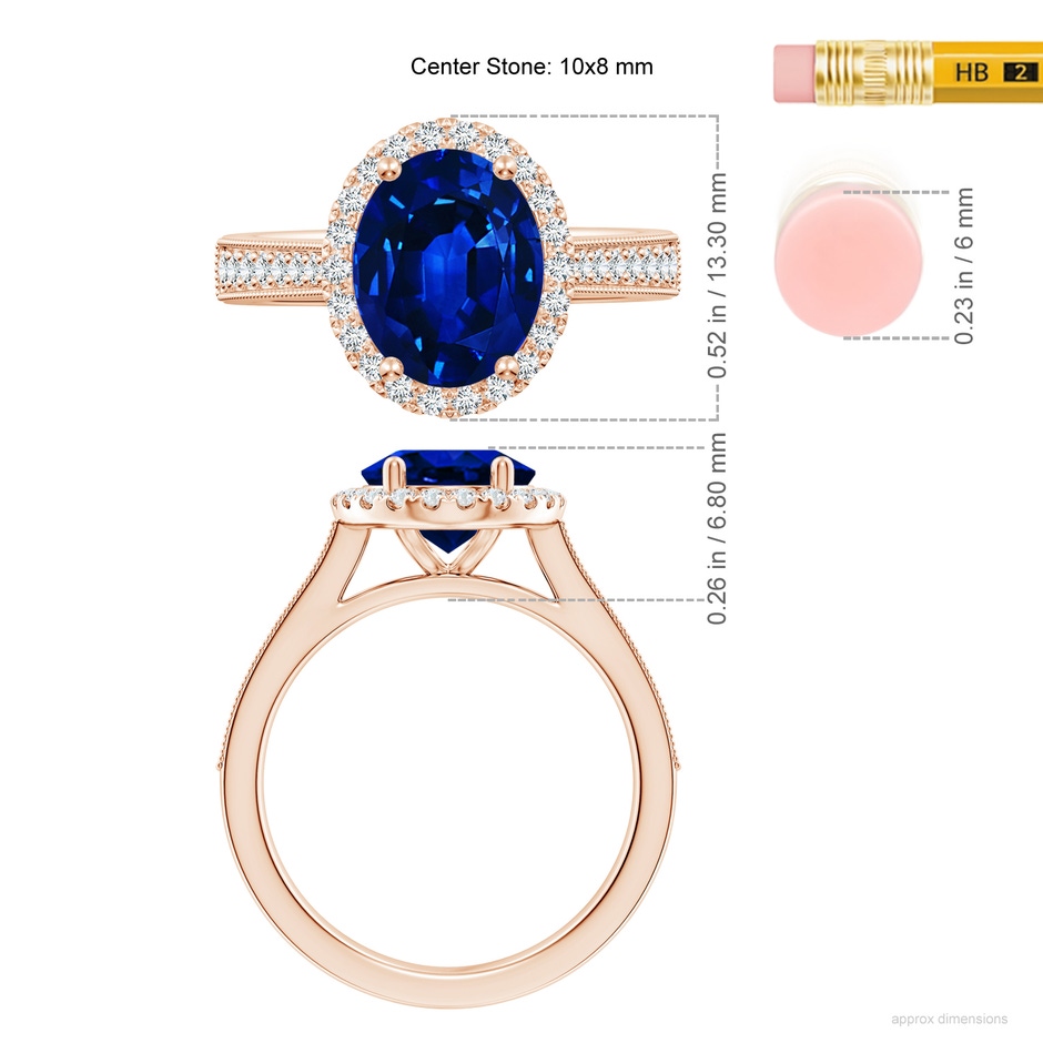 10x8mm AAAA Oval Blue Sapphire Reverse Tapered Shank Halo Engagement Ring in 18K Rose Gold ruler