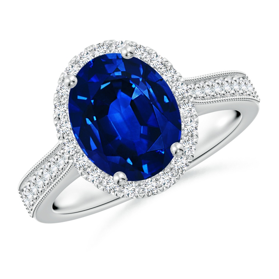 10x8mm AAAA Oval Blue Sapphire Reverse Tapered Shank Halo Engagement Ring in White Gold 