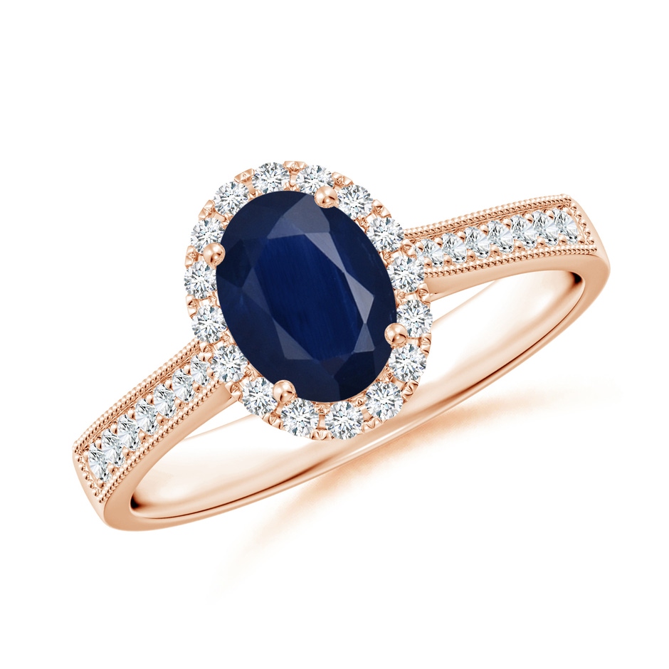 7x5mm A Oval Blue Sapphire Reverse Tapered Shank Halo Engagement Ring in Rose Gold 