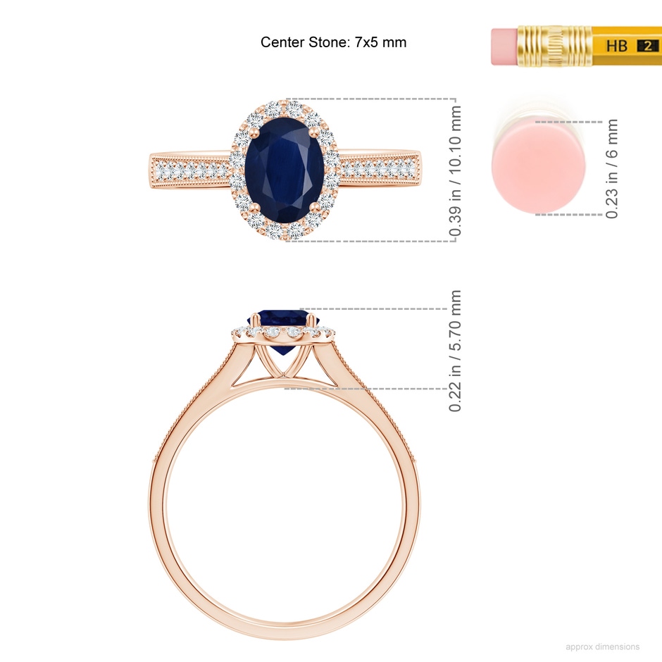 7x5mm A Oval Blue Sapphire Reverse Tapered Shank Halo Engagement Ring in Rose Gold ruler
