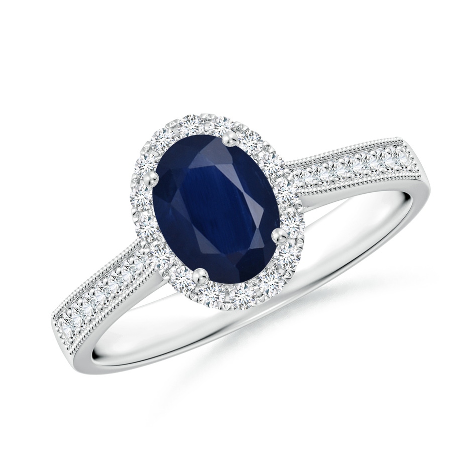 7x5mm A Oval Blue Sapphire Reverse Tapered Shank Halo Engagement Ring in White Gold 