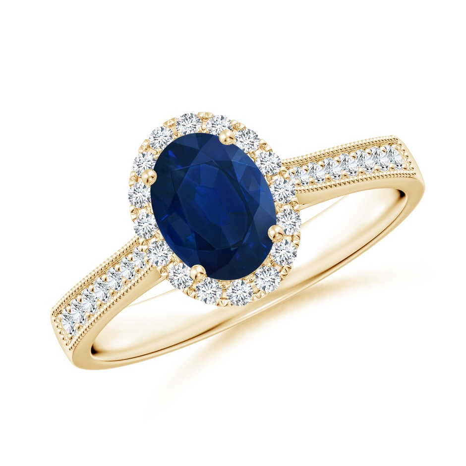 7x5mm AA Oval Blue Sapphire Reverse Tapered Shank Halo Engagement Ring in Yellow Gold 