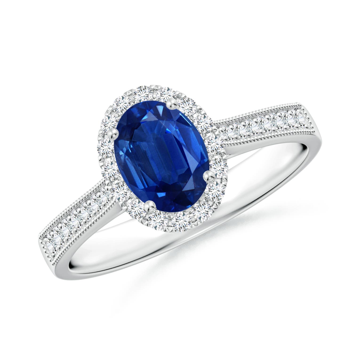 7x5mm AAA Oval Blue Sapphire Reverse Tapered Shank Halo Engagement Ring in P950 Platinum