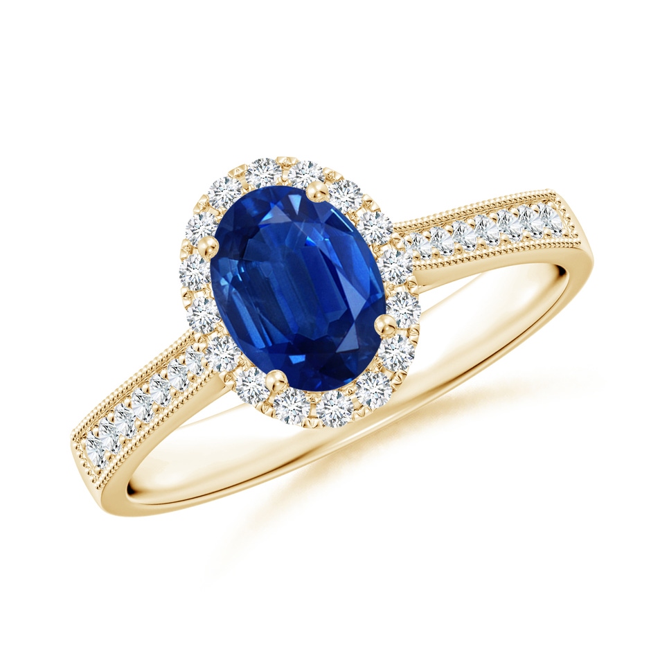 7x5mm AAA Oval Blue Sapphire Reverse Tapered Shank Halo Engagement Ring in Yellow Gold 