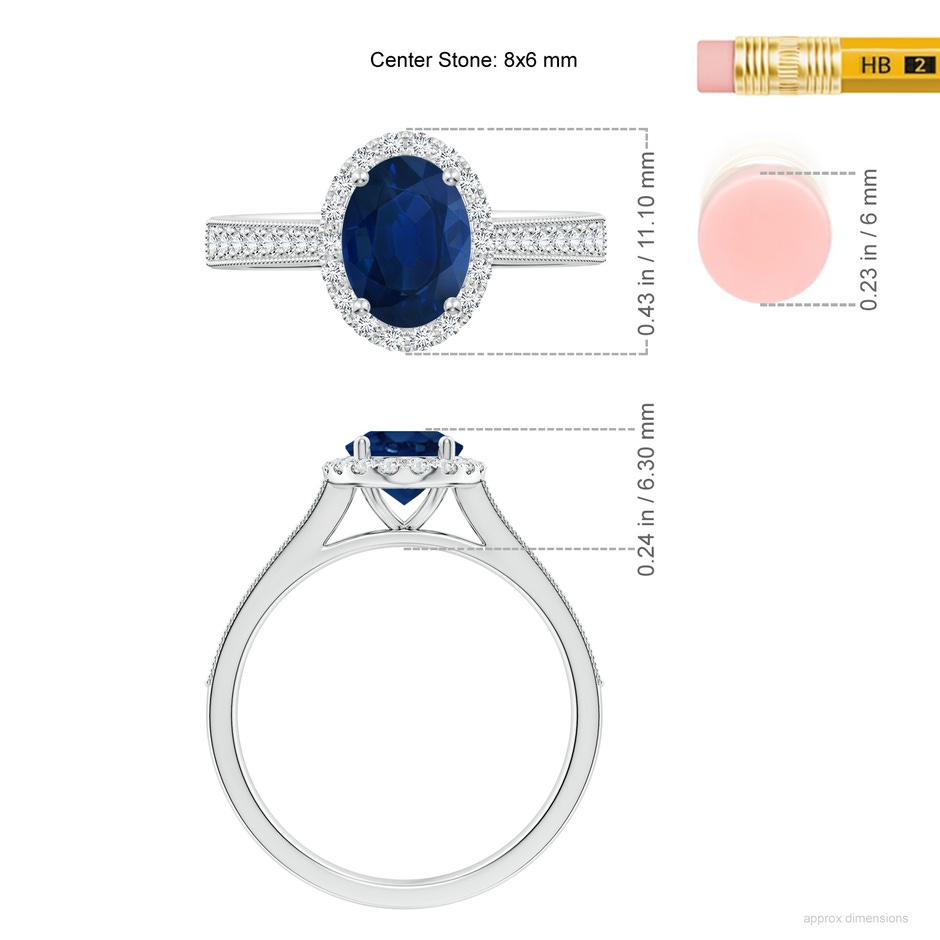 8x6mm AA Oval Blue Sapphire Reverse Tapered Shank Halo Engagement Ring in White Gold ruler