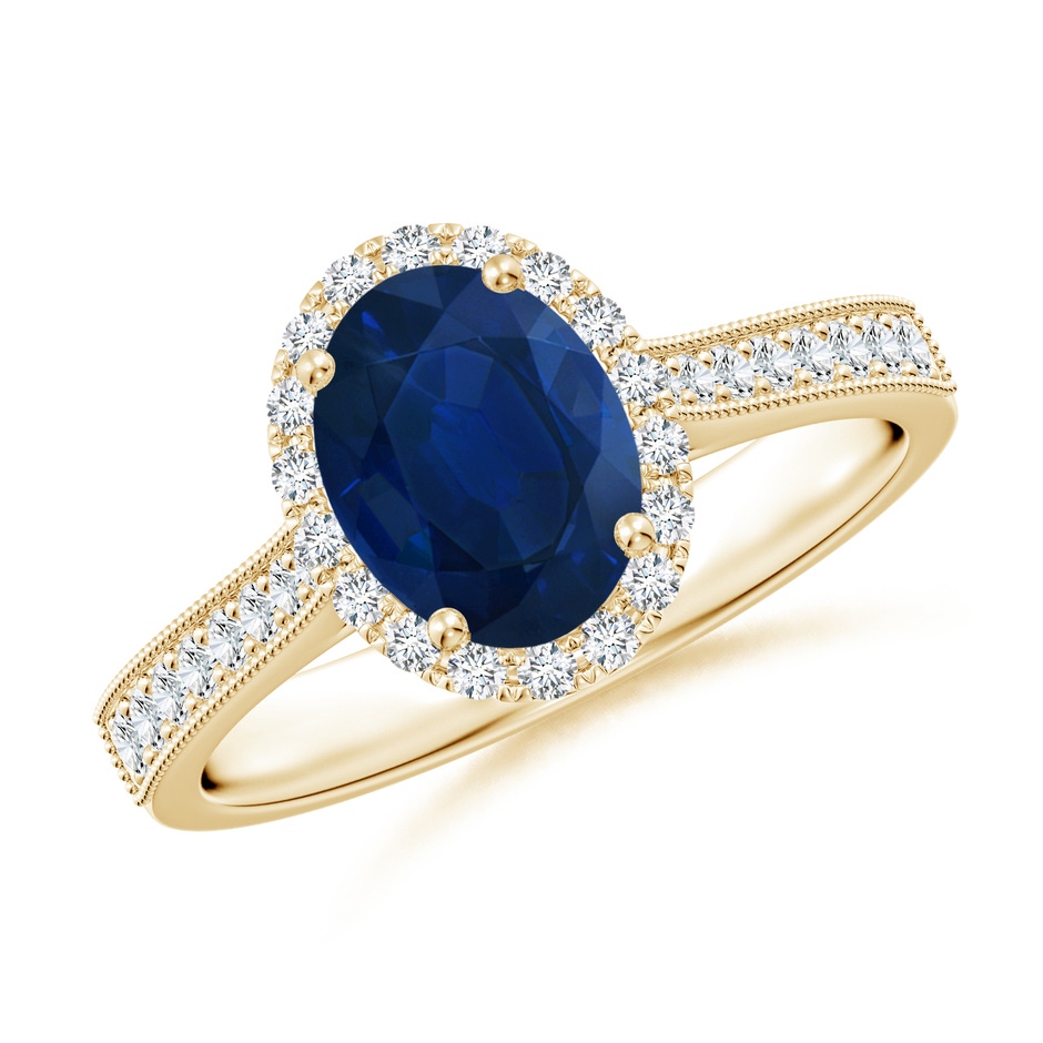 8x6mm AA Oval Blue Sapphire Reverse Tapered Shank Halo Engagement Ring in Yellow Gold 