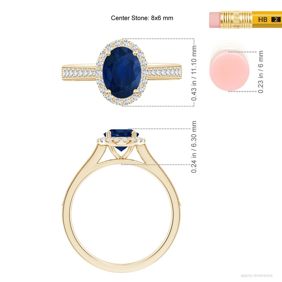 8x6mm AA Oval Blue Sapphire Reverse Tapered Shank Halo Engagement Ring in Yellow Gold ruler