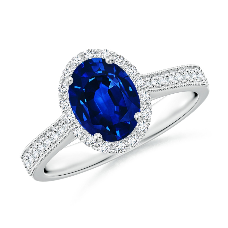 8x6mm AAAA Oval Blue Sapphire Reverse Tapered Shank Halo Engagement Ring in White Gold 