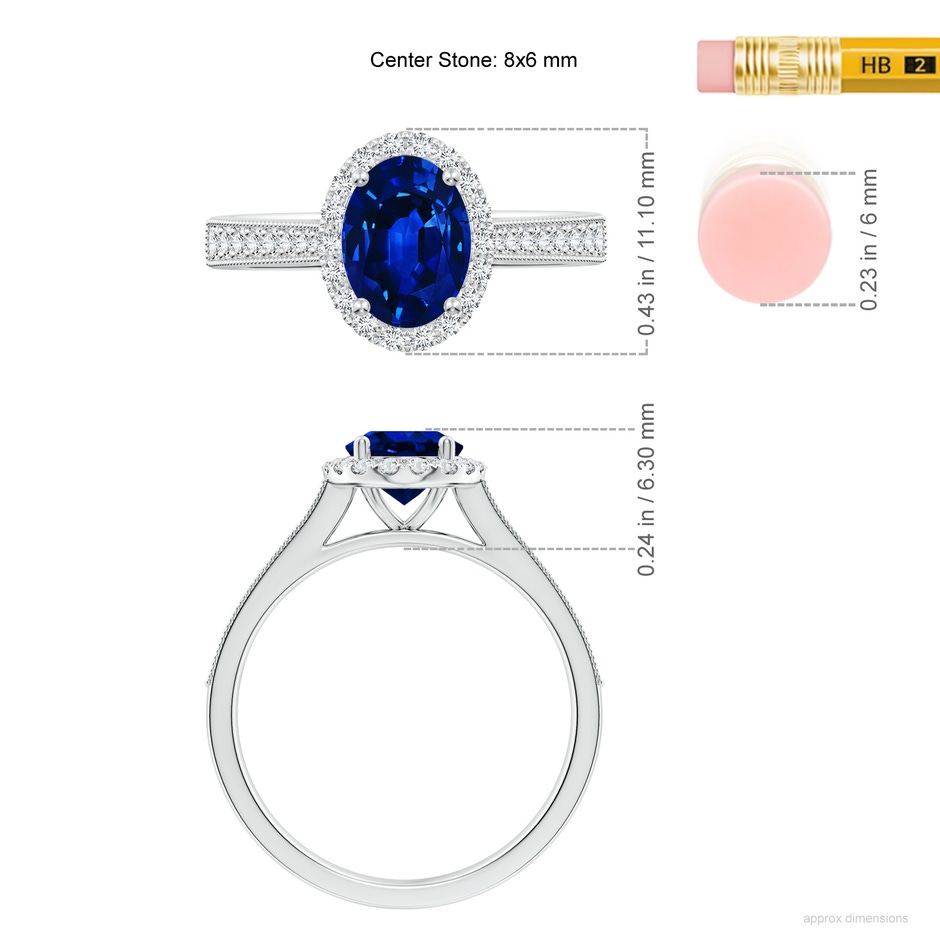 8x6mm AAAA Oval Blue Sapphire Reverse Tapered Shank Halo Engagement Ring in White Gold ruler
