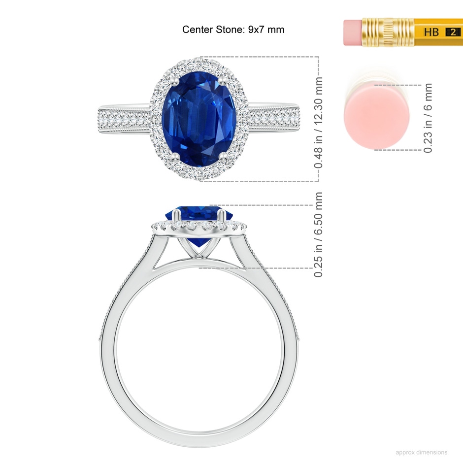 9x7mm AAA Oval Blue Sapphire Reverse Tapered Shank Halo Engagement Ring in P950 Platinum ruler