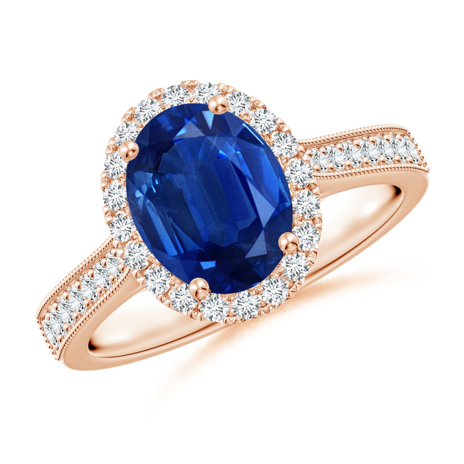 9x7mm AAA Oval Blue Sapphire Reverse Tapered Shank Halo Engagement Ring in Rose Gold