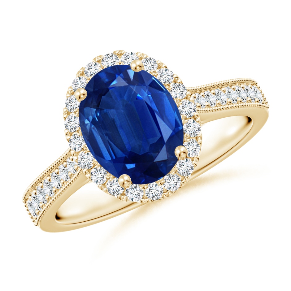 9x7mm AAA Oval Blue Sapphire Reverse Tapered Shank Halo Engagement Ring in Yellow Gold 