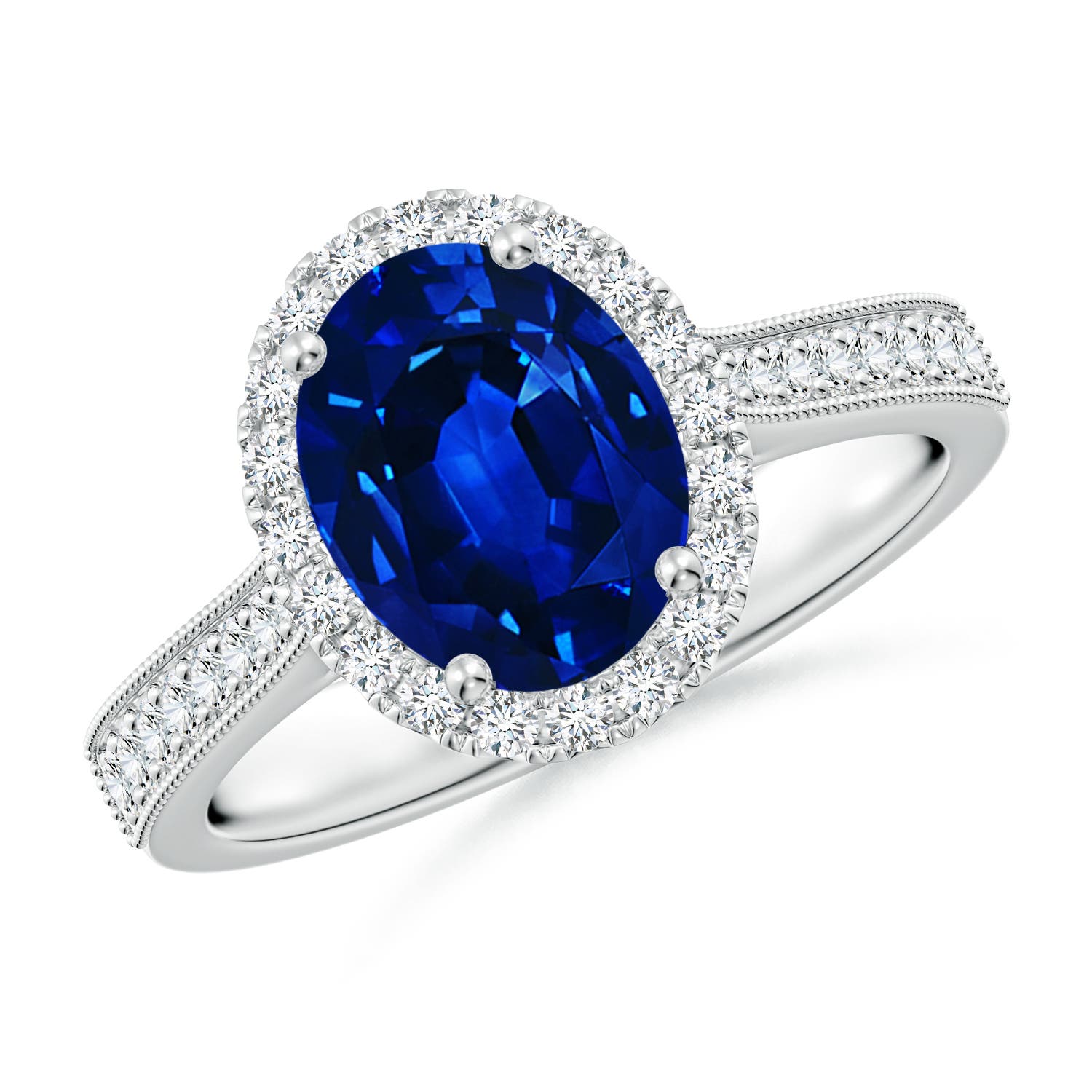 9x7mm AAAA Oval Blue Sapphire Reverse Tapered Shank Halo Engagement Ring in P950 Platinum