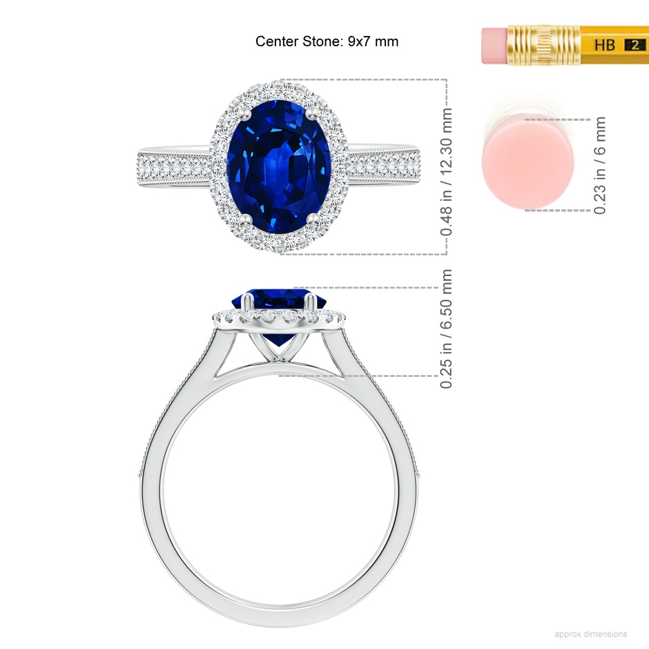 9x7mm Lab-Grown Oval Blue Sapphire Reverse Tapered Shank Halo Engagement Ring in White Gold ruler