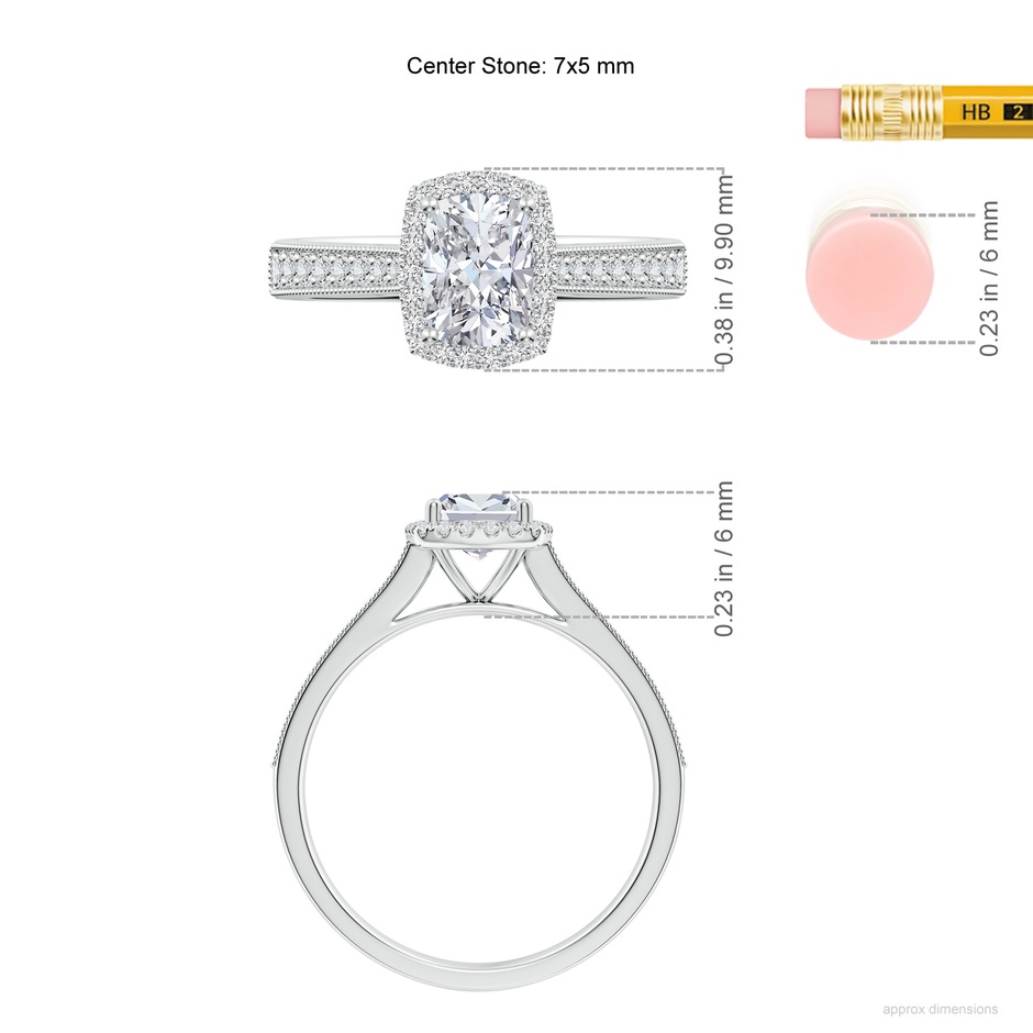 7x5mm HSI2 Cushion Rectangular Diamond Reverse Tapered Shank Halo Engagement Ring in White Gold ruler