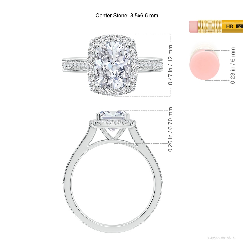 8.5x6.5mm HSI2 Cushion Rectangular Diamond Reverse Tapered Shank Halo Engagement Ring in White Gold ruler