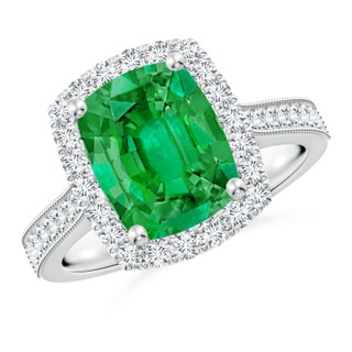 10x8mm AAA Cushion Rectangular Emerald Reverse Tapered Shank Halo Engagement Ring in P950 Platinum