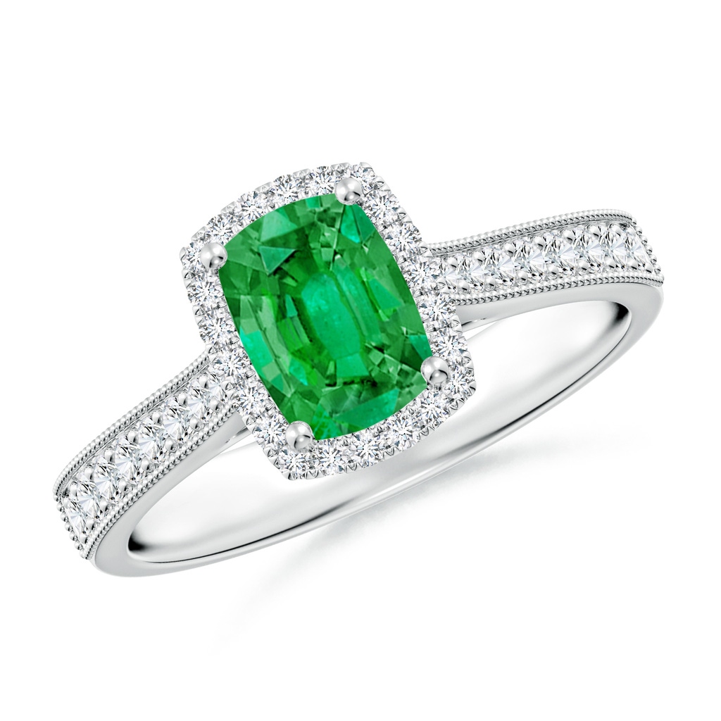 7x5mm AAA Cushion Rectangular Emerald Reverse Tapered Shank Halo Engagement Ring in White Gold