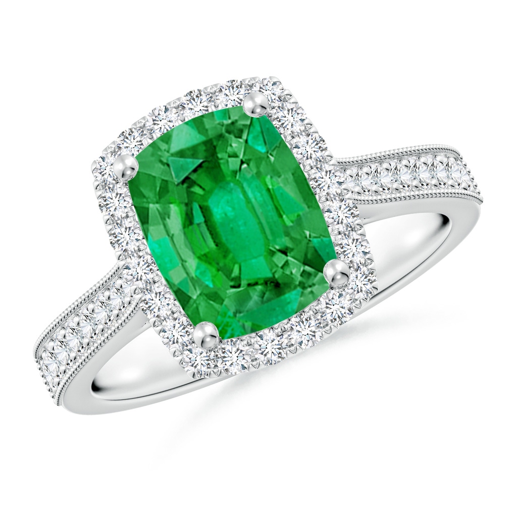 9x7mm AAA Cushion Rectangular Emerald Reverse Tapered Shank Halo Engagement Ring in White Gold 