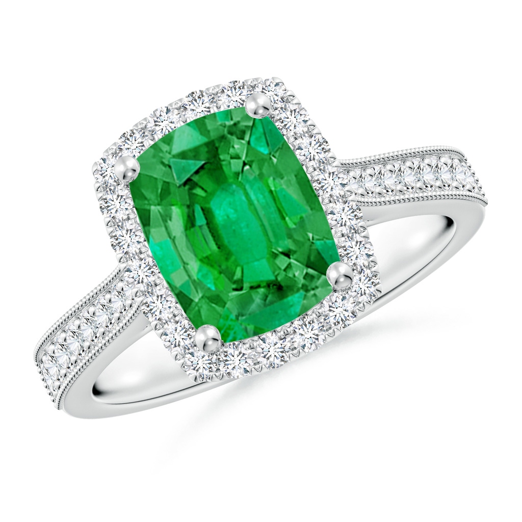 9x7mm AAA Cushion Rectangular Emerald Reverse Tapered Shank Halo Engagement Ring in White Gold