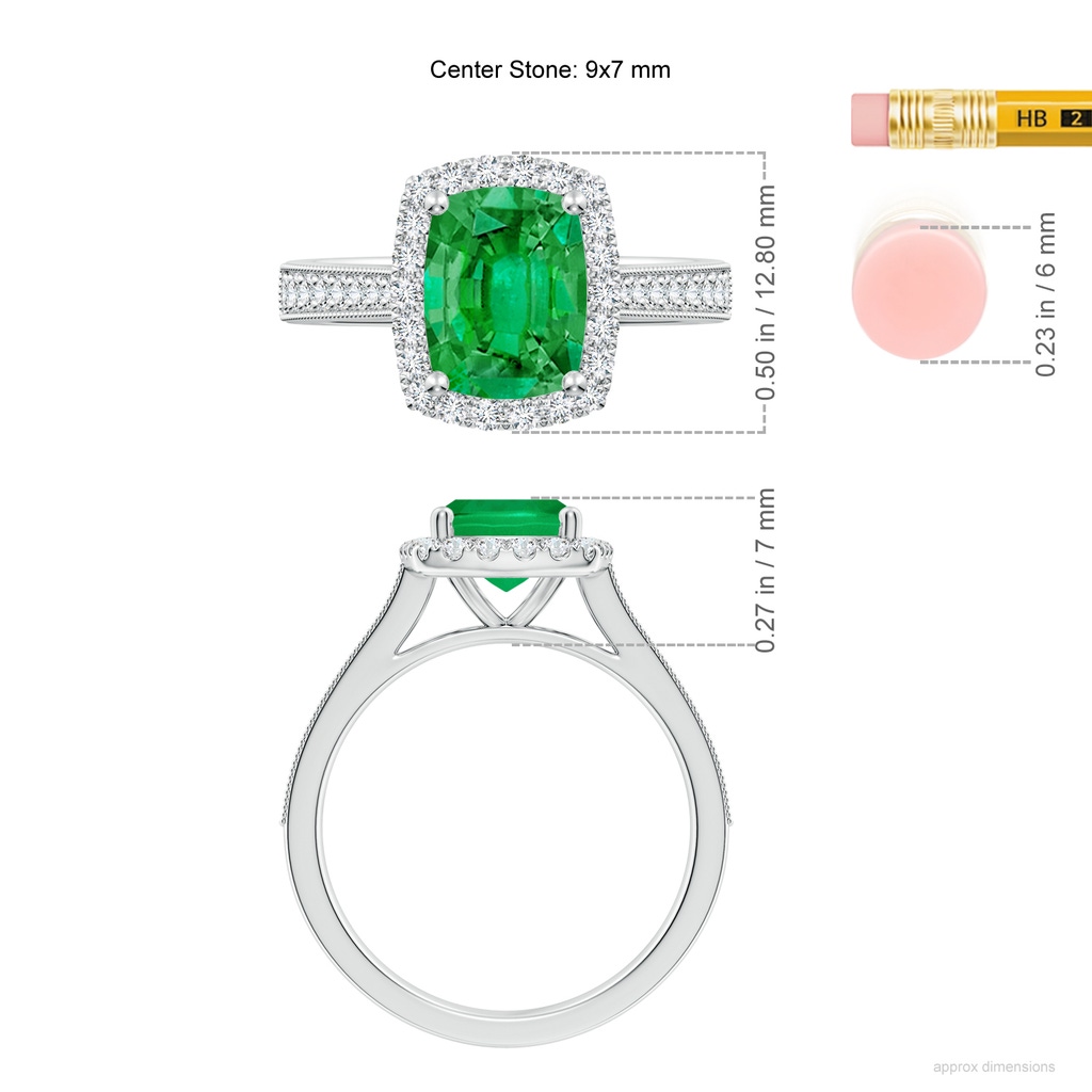 9x7mm AAA Cushion Rectangular Emerald Reverse Tapered Shank Halo Engagement Ring in White Gold ruler
