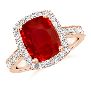 10x8mm AAA Cushion Rectangular Ruby Reverse Tapered Shank Halo Engagement Ring in Rose Gold