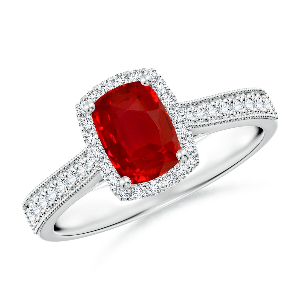 7x5mm AAA Cushion Rectangular Ruby Reverse Tapered Shank Halo Engagement Ring in White Gold