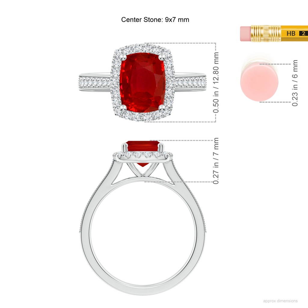 9x7mm AAA Cushion Rectangular Ruby Reverse Tapered Shank Halo Engagement Ring in White Gold ruler