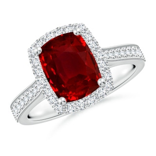 9x7mm AAAA Cushion Rectangular Ruby Reverse Tapered Shank Halo Engagement Ring in P950 Platinum