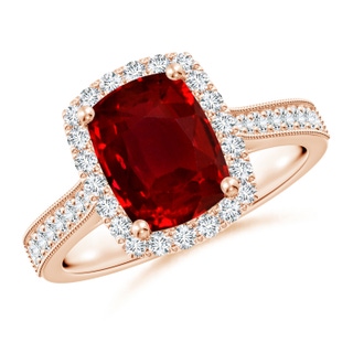 9x7mm AAAA Cushion Rectangular Ruby Reverse Tapered Shank Halo Engagement Ring in Rose Gold