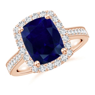 10x8mm AA Cushion Rectangular Blue Sapphire Reverse Tapered Shank Halo Engagement Ring in Rose Gold