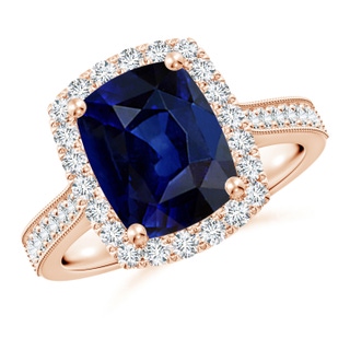 10x8mm AAA Cushion Rectangular Blue Sapphire Reverse Tapered Shank Halo Engagement Ring in Rose Gold