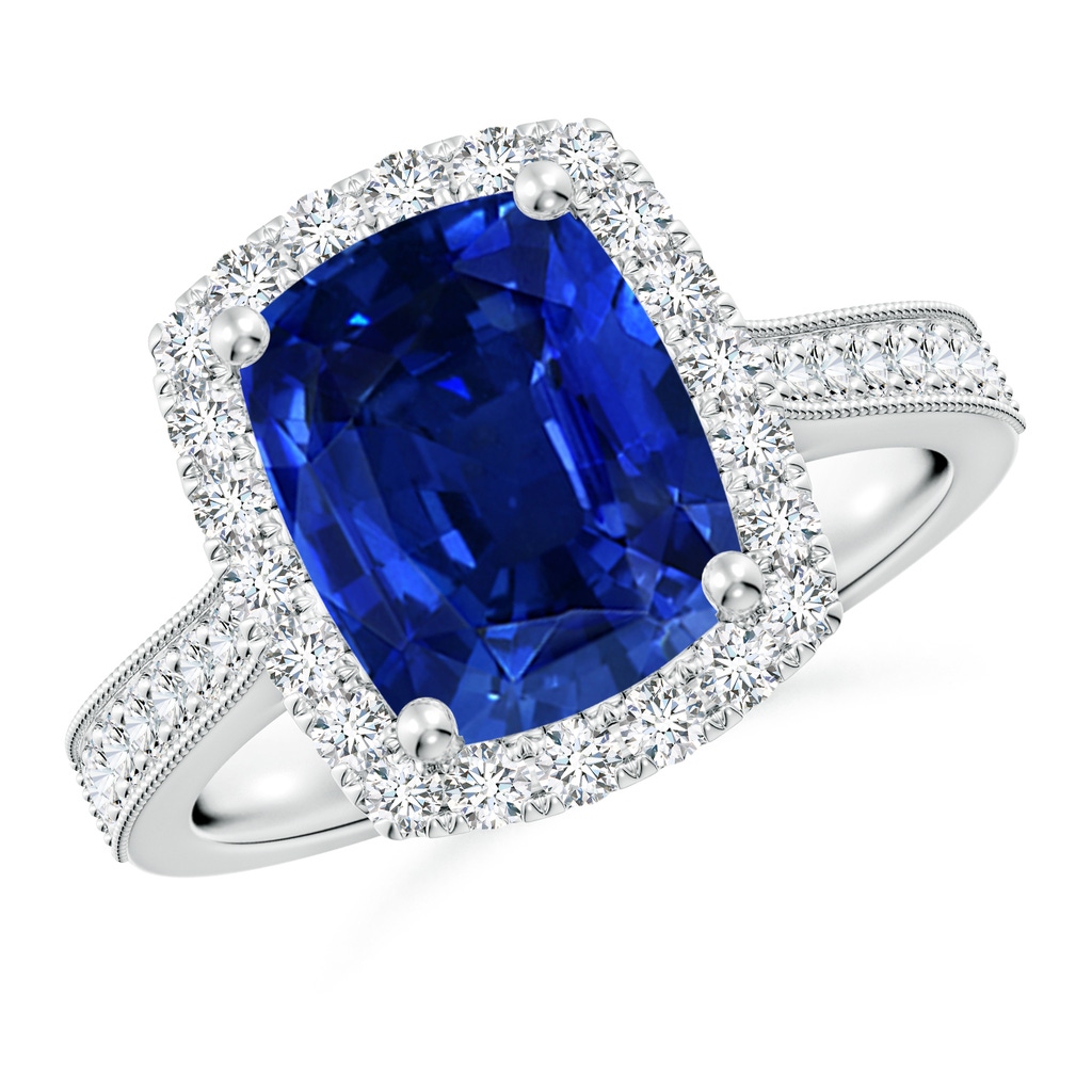 10x8mm Lab-Grown Cushion Rectangular Blue Sapphire Reverse Tapered Shank Halo Engagement Ring in P950 Platinum