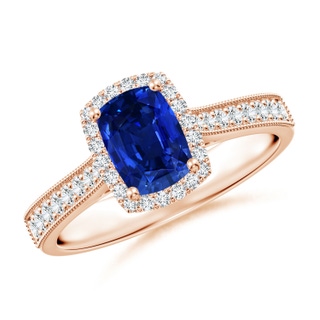 7x5mm Lab-Grown Cushion Rectangular Blue Sapphire Reverse Tapered Shank Halo Engagement Ring in Rose Gold